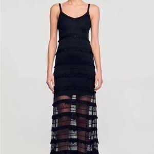 Sandro Solid lace Hollow out See through Long knit halter dresss Women *flawed